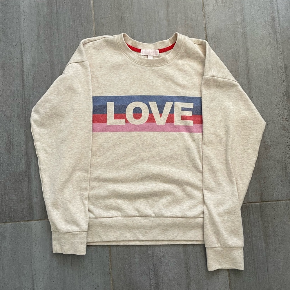 PJ Salvage Cream Crewneck with LOVE Graphic and Navy & Pink Stripes